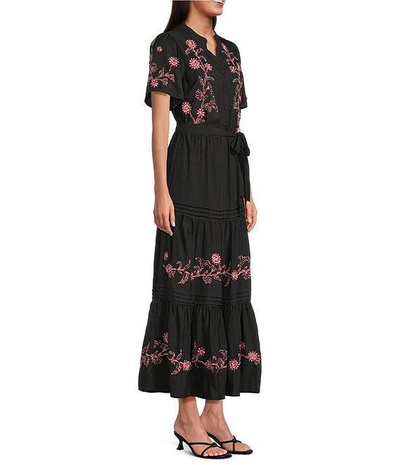 Calessa Petite Size V-Neck Short Balloon Sleeve Comfort Tiered Floral Embroidered Midi Dress Product Image