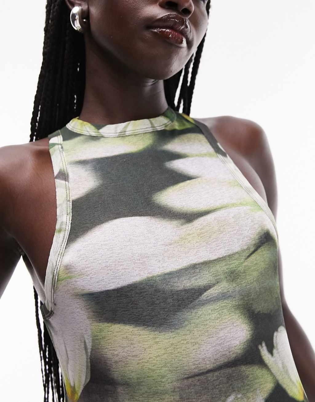 Topshop graphic blurred tulip mesh racer tank top Product Image