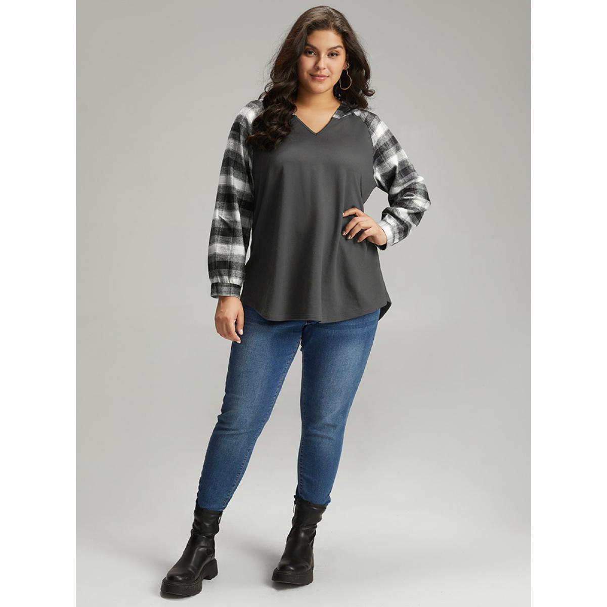 Plus Size Plaid Print Hooded Patchwork Sweatshirt Women Gray Casual Patchwork Hooded Everyday Sweatshirts BloomChic 18-20/2X Product Image