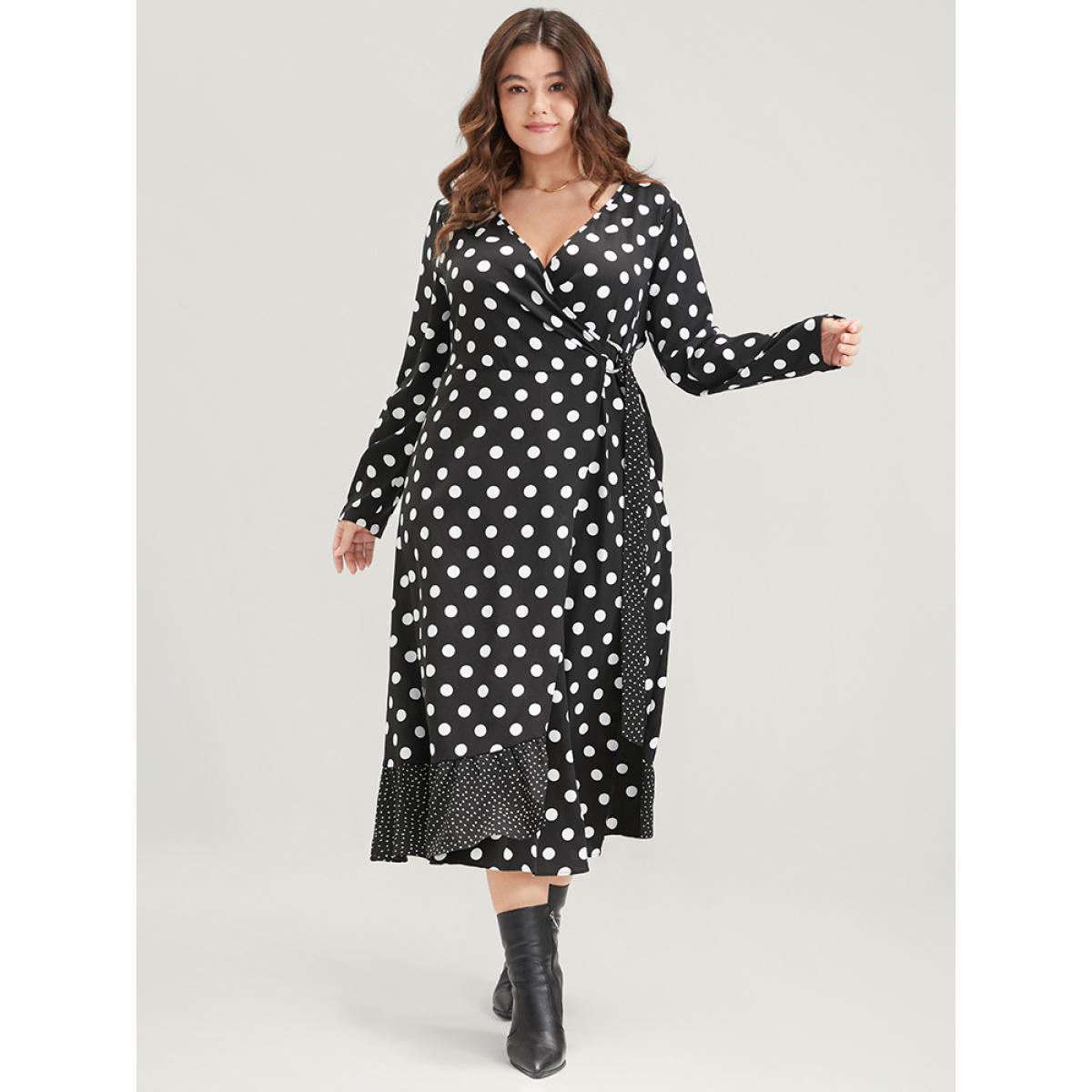 Plus Size Polka Dot Surplice Neck Tie Side Pocket Ruffle Hem Dress Black Women Elegant Wrap V-neck Long Sleeve Curvy Midi Dress BloomChic 12/L Product Image