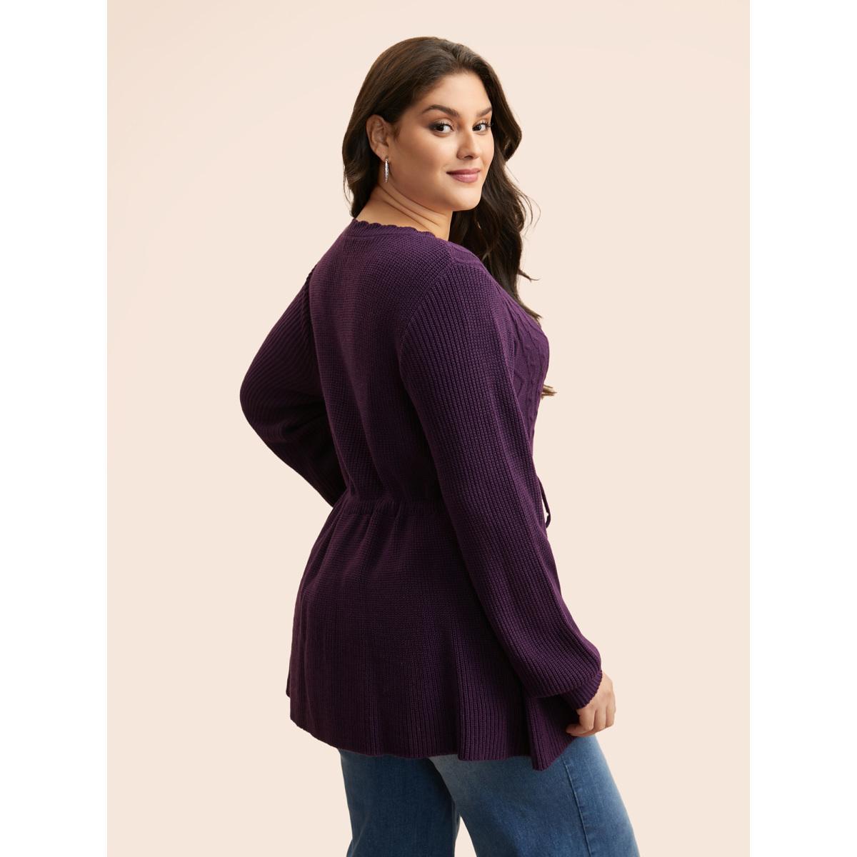 Plus Size V Neck Cable Knit Drawstring Pullover Eggplant Women Casual Long Sleeve V-neck Everyday Pullovers BloomChic 12/L Product Image
