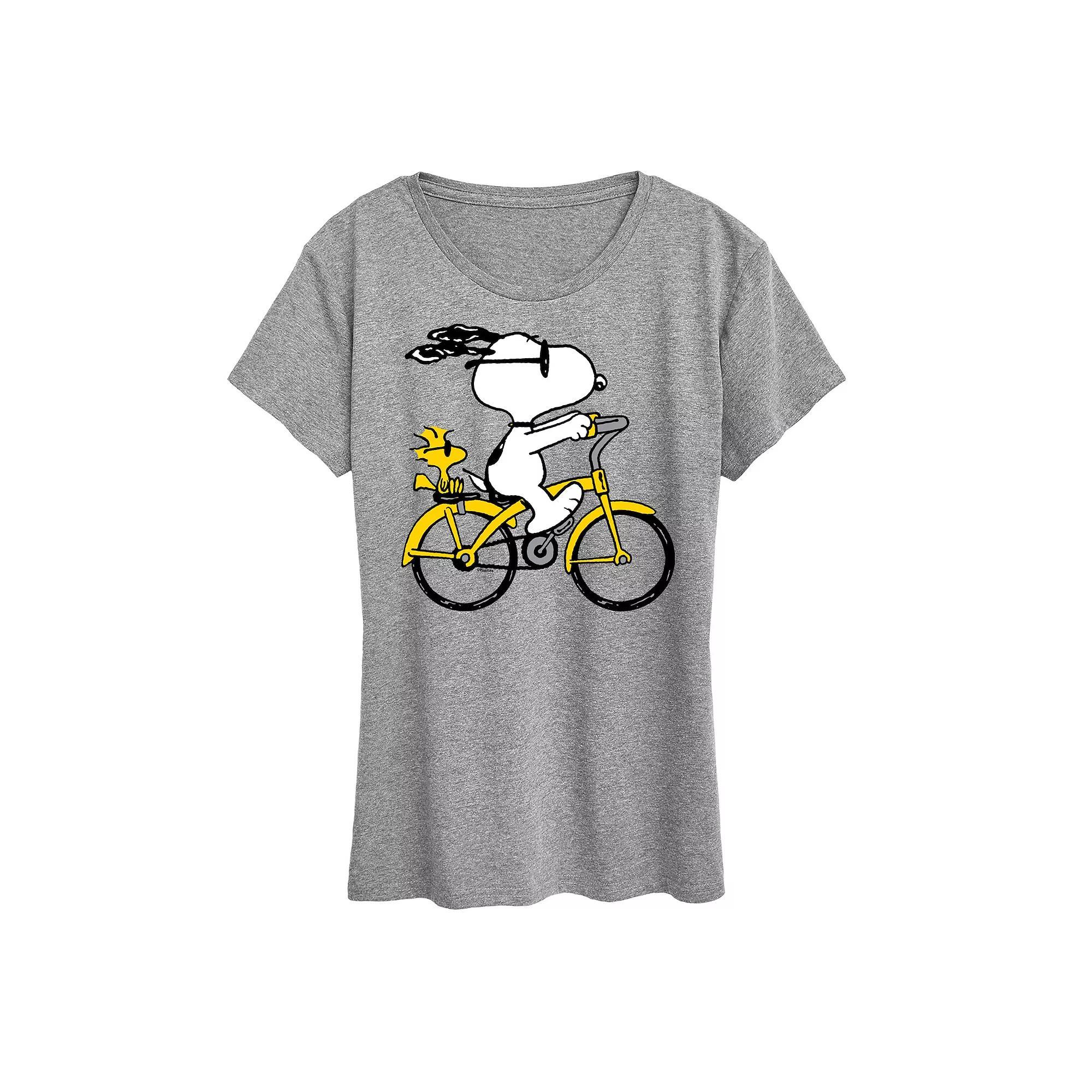 Womens Peanuts Snoopy & Woodstock Riding Bike Graphic Tee Grey Gray Product Image