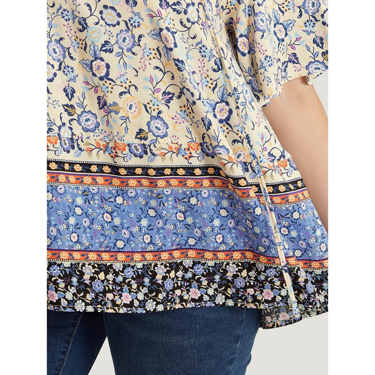 Plus Size Multicolor Bandana Printed Ties Front Ruffle Sleeve Blouse Women Vacation Short sleeve Tie Neck Dailywear Blouses BloomChic 10/M Product Image