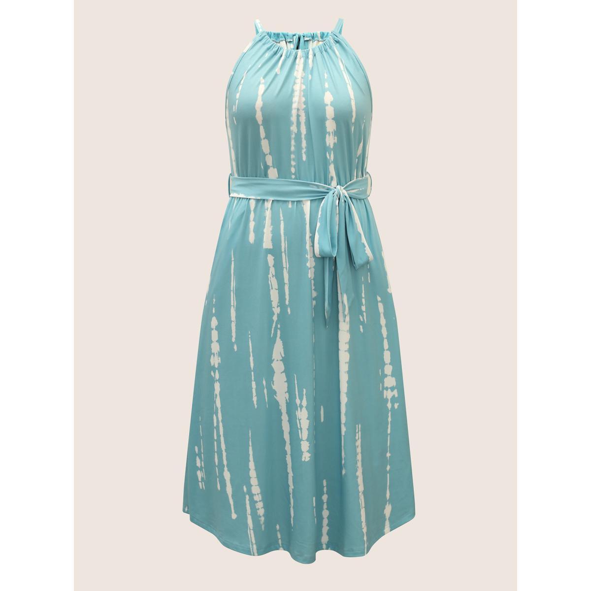 Plus Size Tie Dye Halter Neck Belted Gathered Dress LightBlue Women Casual Gathered Halter neck Sleeveless Curvy BloomChic 22-24/3X Product Image