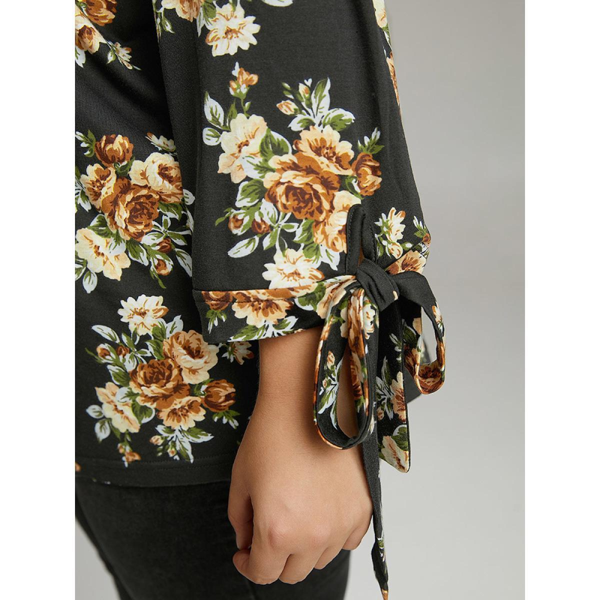 Plus Size Floral Print V Neck Ties Sleeve T-shirt Black Women Casual Cross straps Floral V-neck Dailywear T-shirts BloomChic 28/5X Product Image