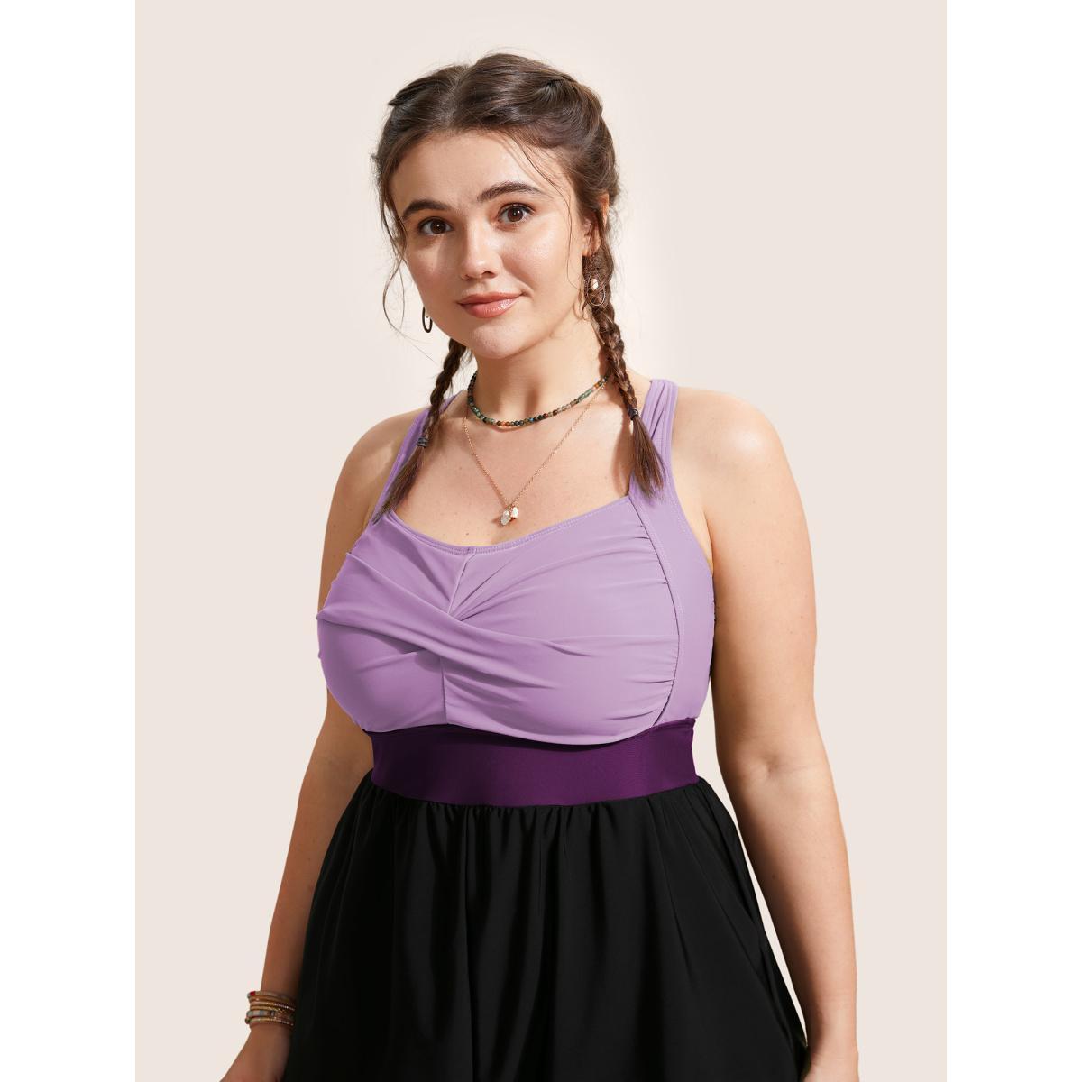 Plus Size Patchwork Contrast Crossover One Piece Swimsuit Women's Swimwear Lilac Beach Twist Curve Bathing Suits High stretch One Pieces BloomChic 18-20/2X Product Image