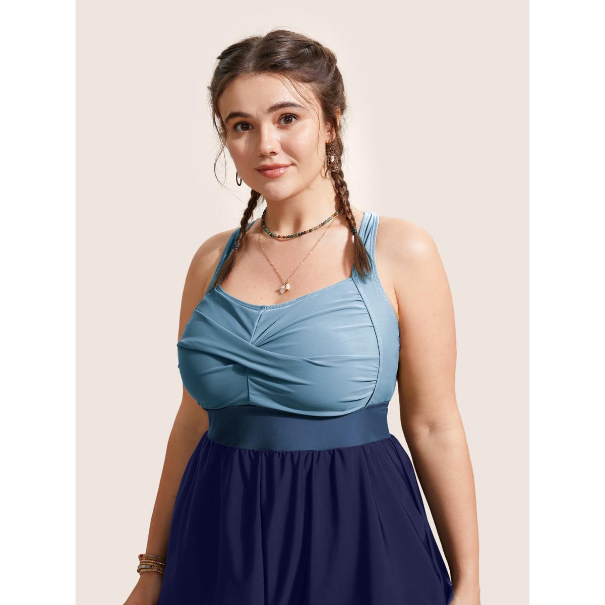 Plus Size Patchwork Contrast Crossover One Piece Swimsuit Women's Swimwear Stone Beach Twist Curve Bathing Suits High stretch One Pieces BloomChic 22-24/3X Product Image