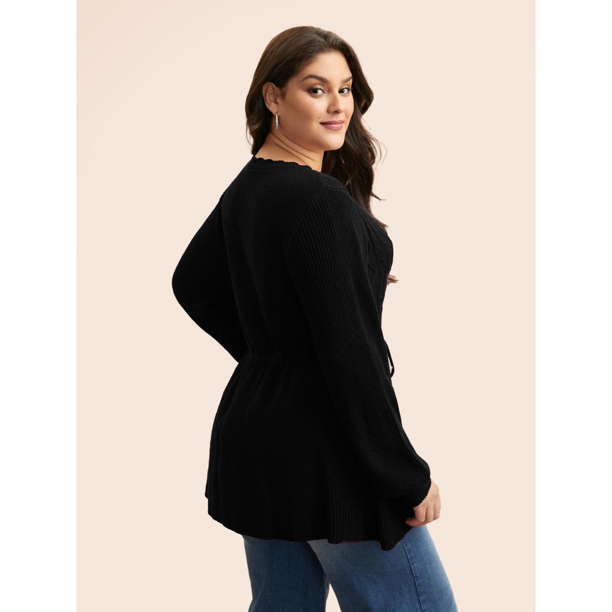 Plus Size V Neck Cable Knit Drawstring Pullover Black Women Casual Long Sleeve V-neck Everyday Pullovers BloomChic 18-20/2X Product Image