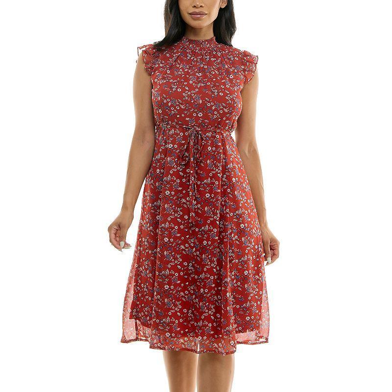 Womens Nina Leonard Smocked Flutter Sleeve Print Dress Product Image