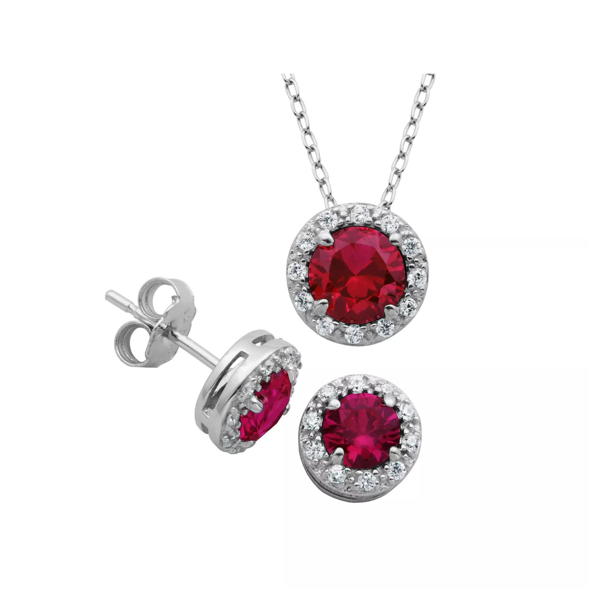Sterling Silver Lab-Created Ruby & Cubic Zirconia Halo Pendant & Stud Earrings Set, Women's Product Image