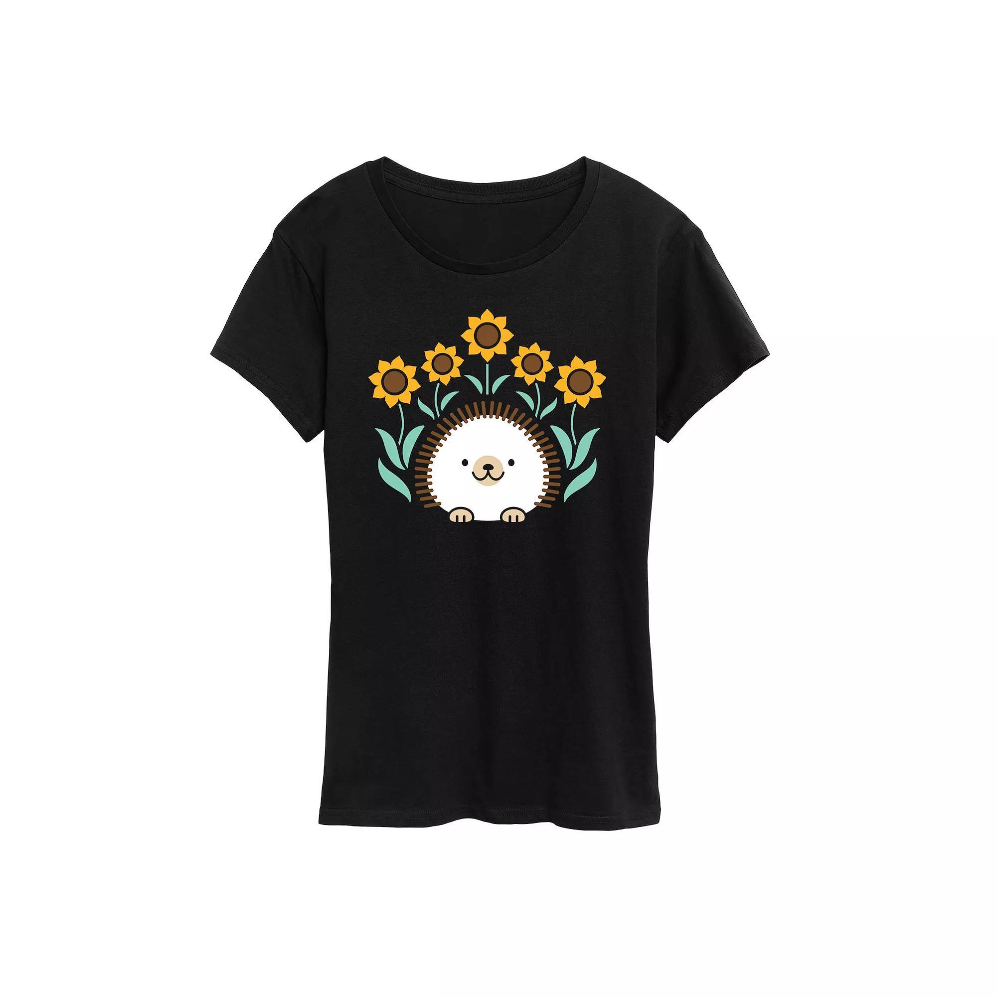 Women's Scandinavian Hedgehog And Sunflowers Oversized Tee, Size: XL, Black Product Image