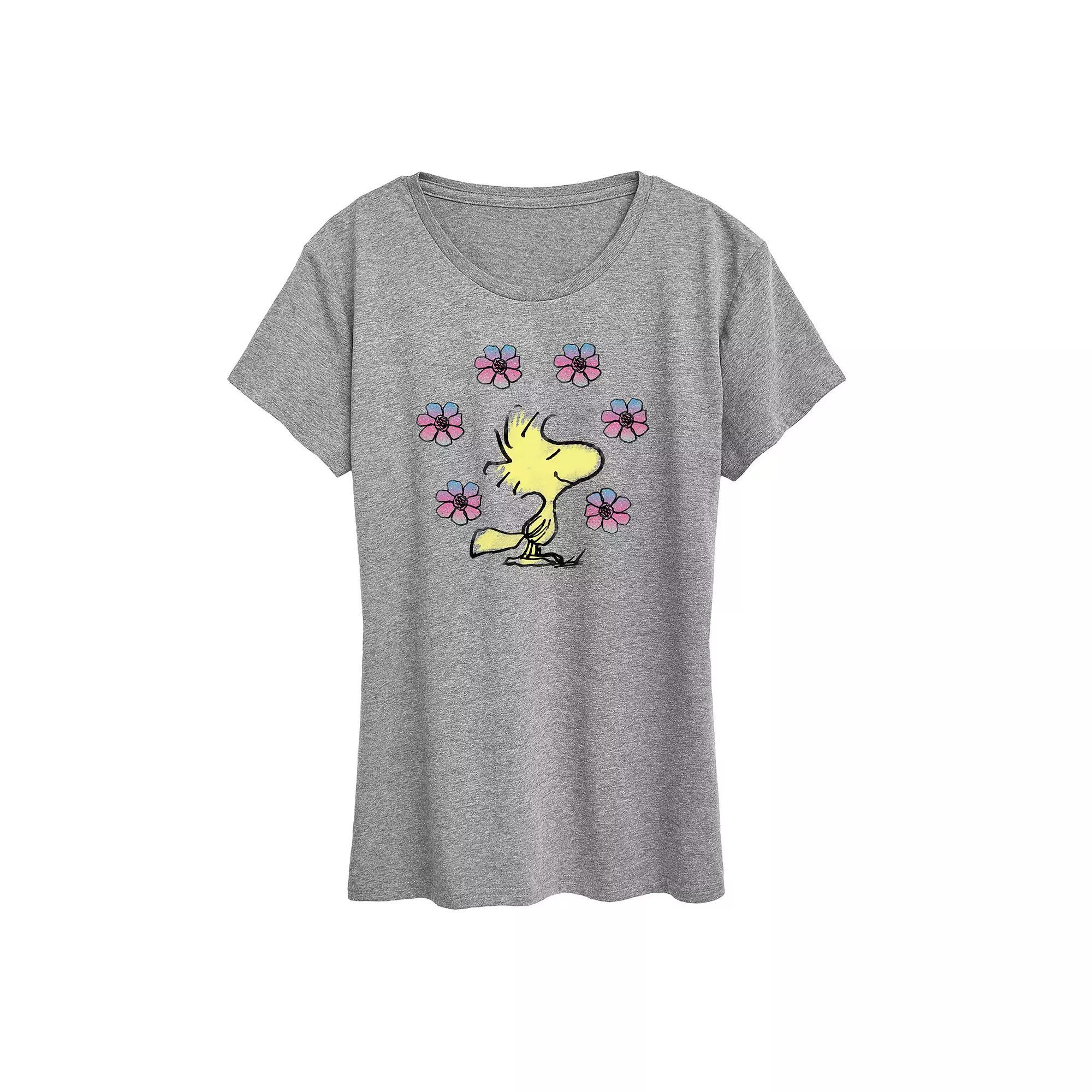 Plus Peanuts Woodstock Floral Graphic Tee, Womens Grey Gray Product Image