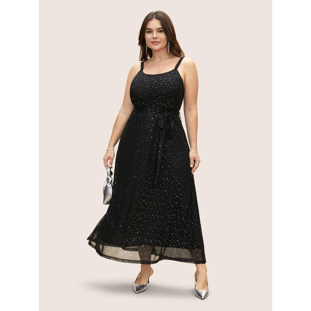 Plus Size Sequin Mesh Adjustable Straps Belted Maxi Dress Black Women Cocktail Non Sleeveless Curvy BloomChic 30/6X Product Image