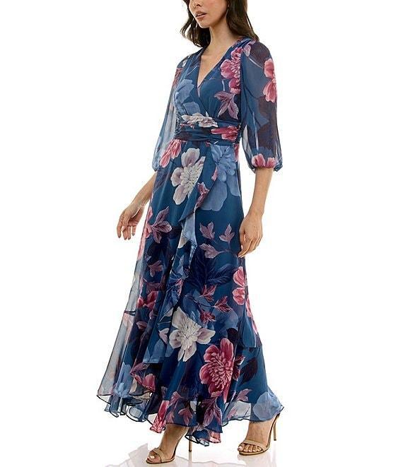 Moda Tara Chiffon 3/4 Sleeve Ruffle Floral Print V-Neck Wrap Maxi Dress Product Image