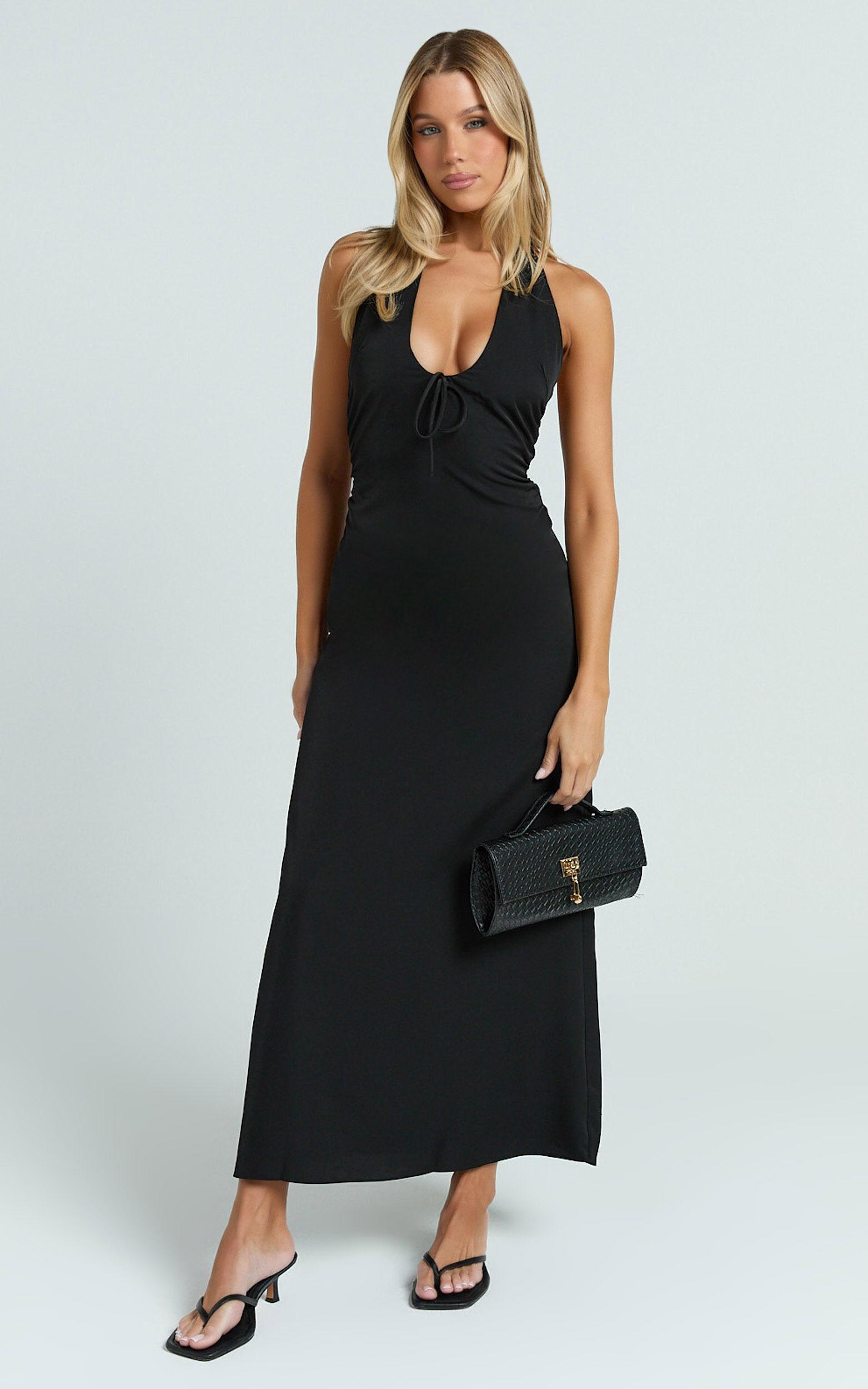 Lorvie Maxi Dress - Halter Plunge A Line Dress in Black Product Image