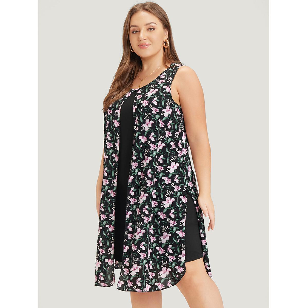 Plus Size Floral Patchwork Round Neck Split Hem Tank Dress BlackFlower Women Elegant Patchwork Round Neck Sleeveless Curvy Knee Dress BloomChic 26/4X Product Image