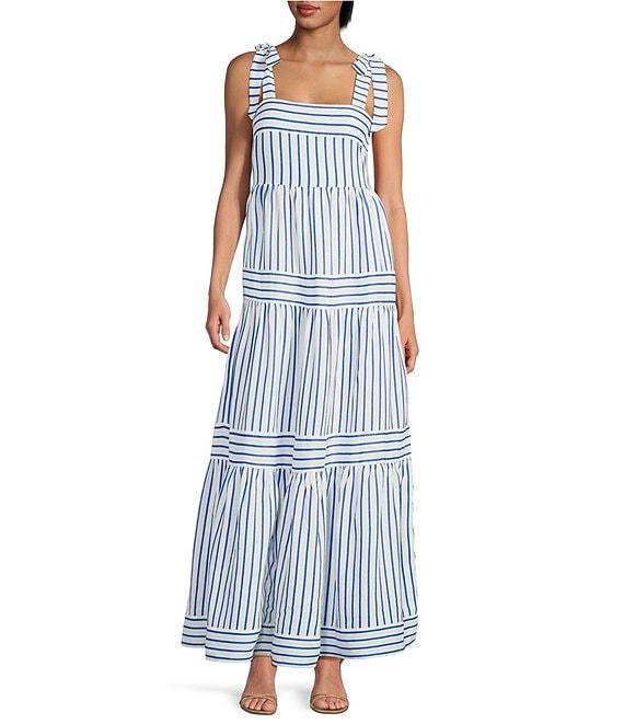 A Loves A Stripe Print Square Neck Tie Strap Tiered A-Line Flounce Maxi Dress Product Image