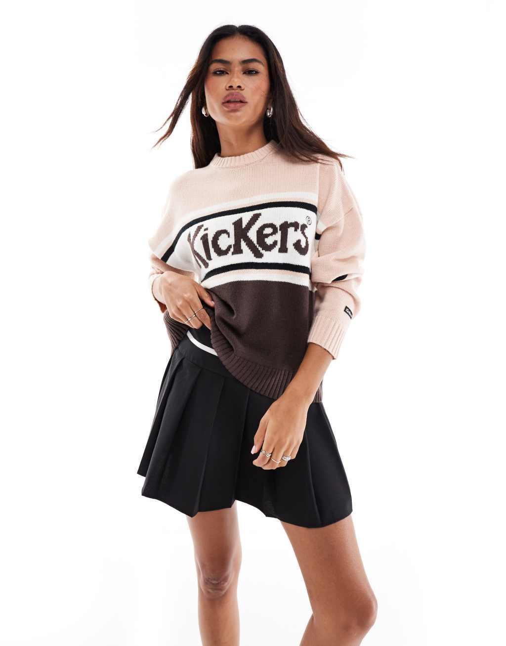 Kickers relaxed knit sweater with stripe logo in pink and brown Product Image