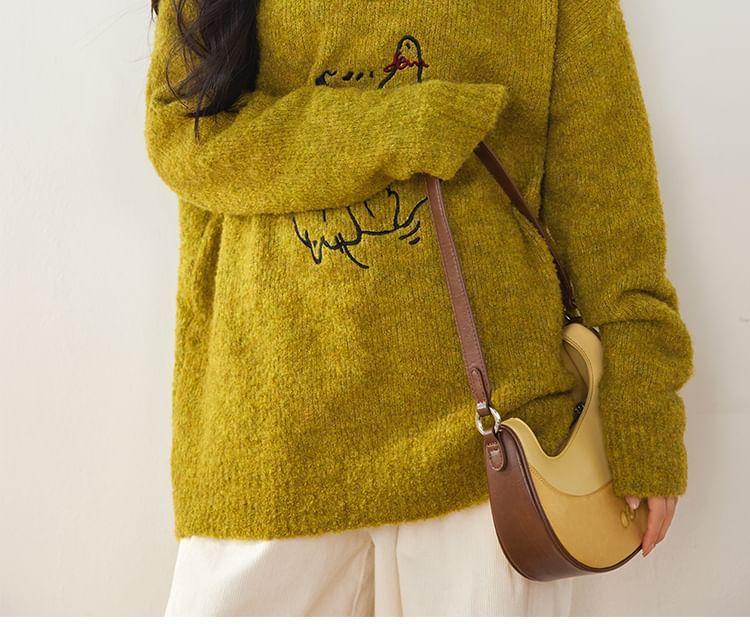 Long-Sleeve Cat Embroidery Knit Polo Shirt Product Image