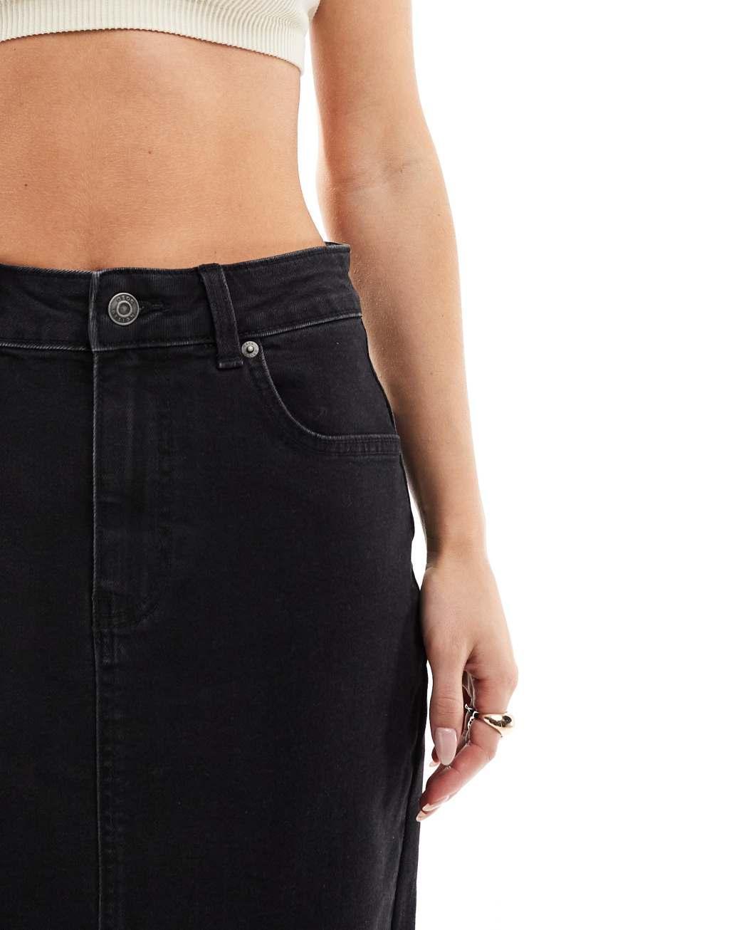 ASOS DESIGN Petite denim maxi skirt with split hem Product Image