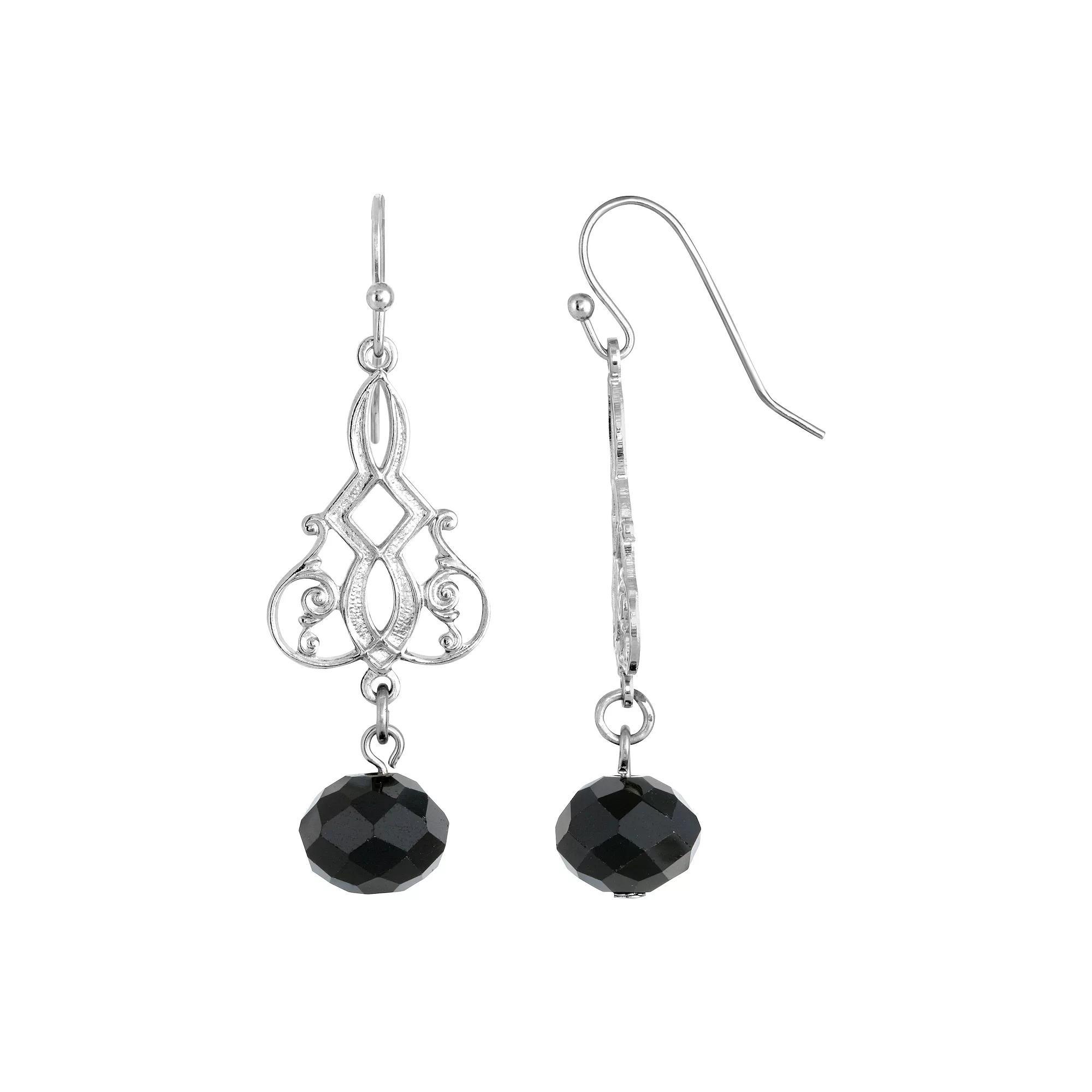 1928 Silver Tone Black Simulated Crystal Filigree Drop Earrings, Womens Product Image