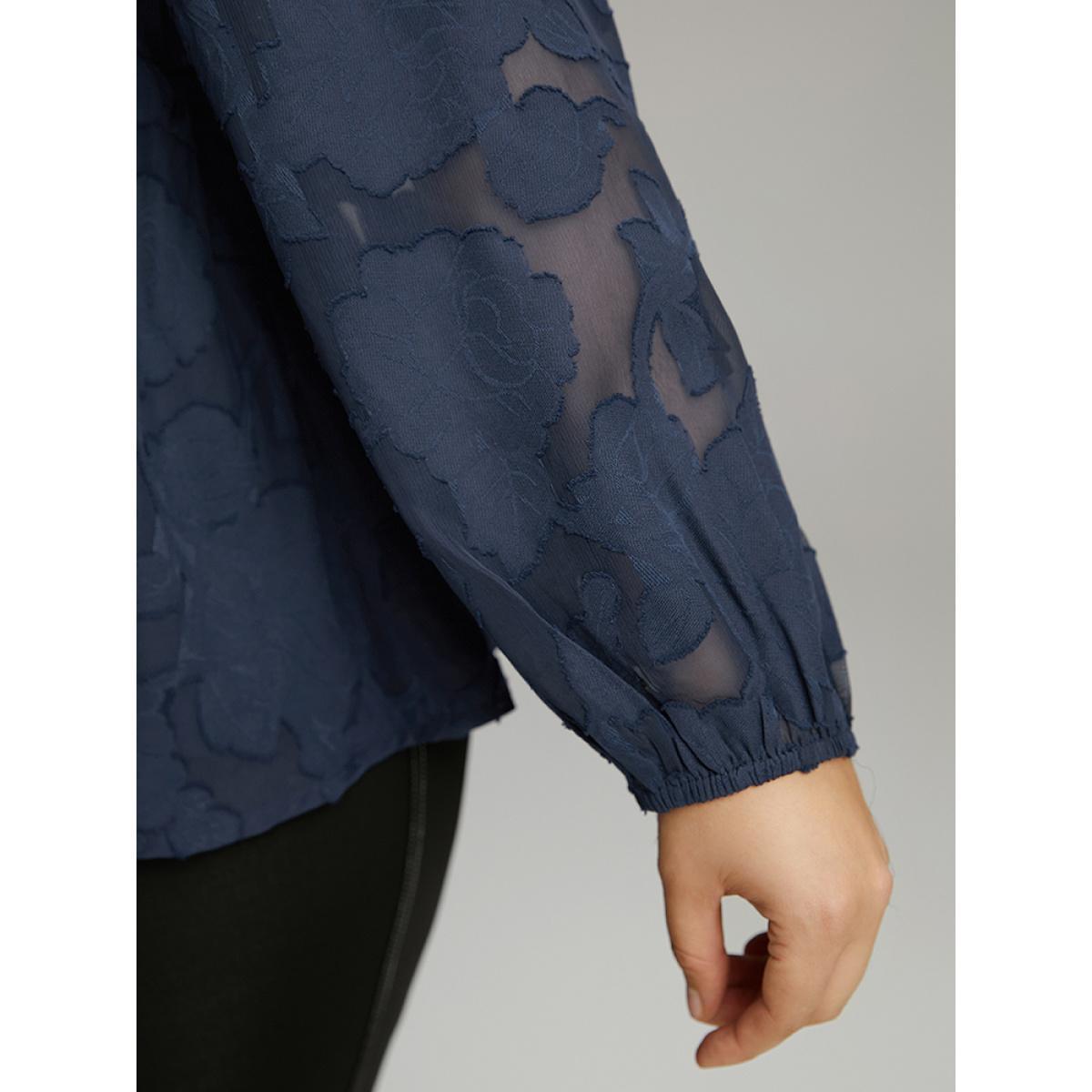 Plus Size Indigo Floral Mesh Elastic Waist Button Detail Blouse Women Glamour Long Sleeve V-neck Going out Blouses BloomChic 22-24/3X Product Image