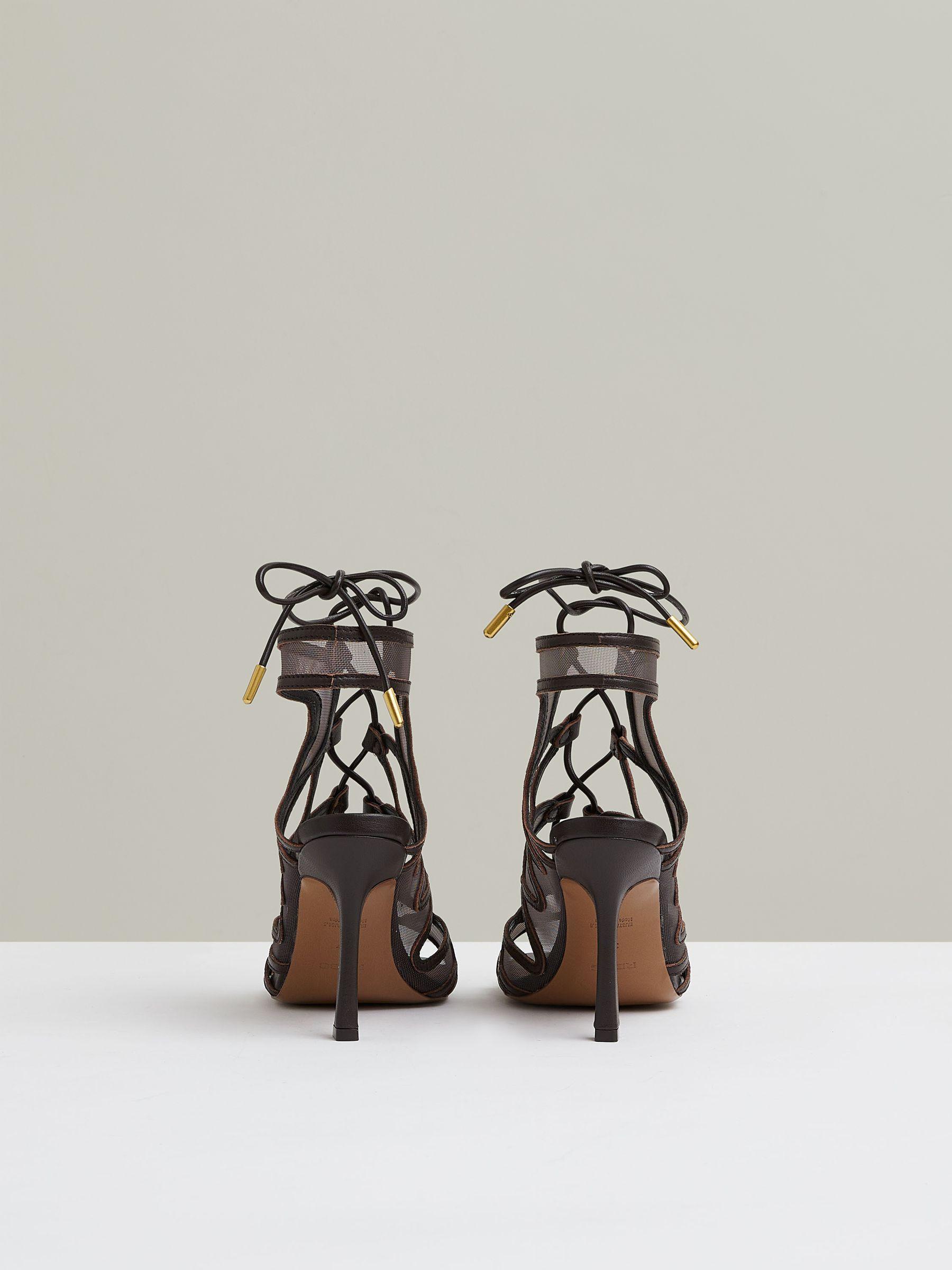 Mesh Leather Strappy Heels in Chocolate Product Image