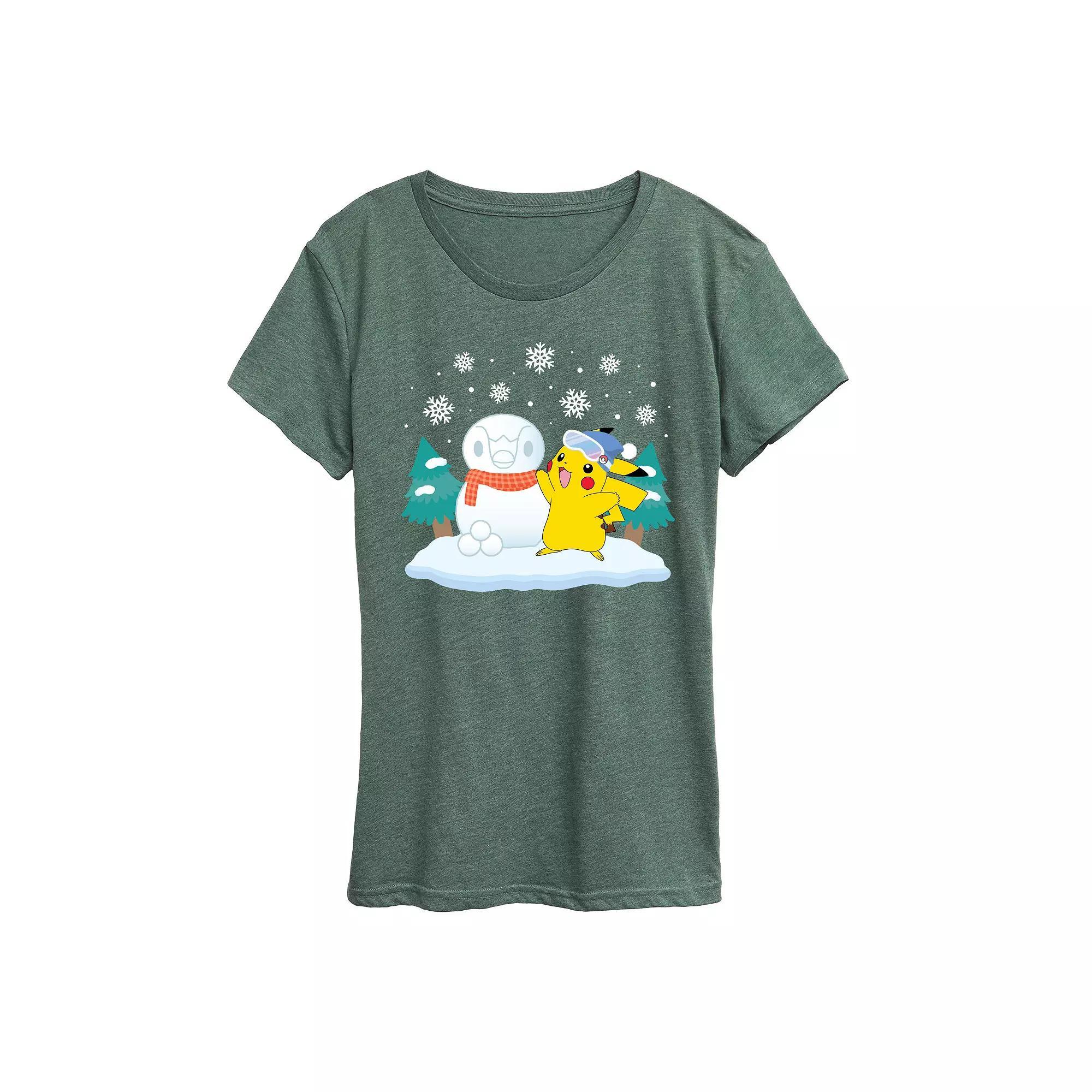 Womens Pokemon Pikachu Piplup Snowman Graphic Tee Grey Green Product Image