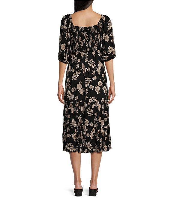 Angie Floral Print Sweetheart Neck 3/4 Sleeve Smocked Bodice Midi Dress Product Image