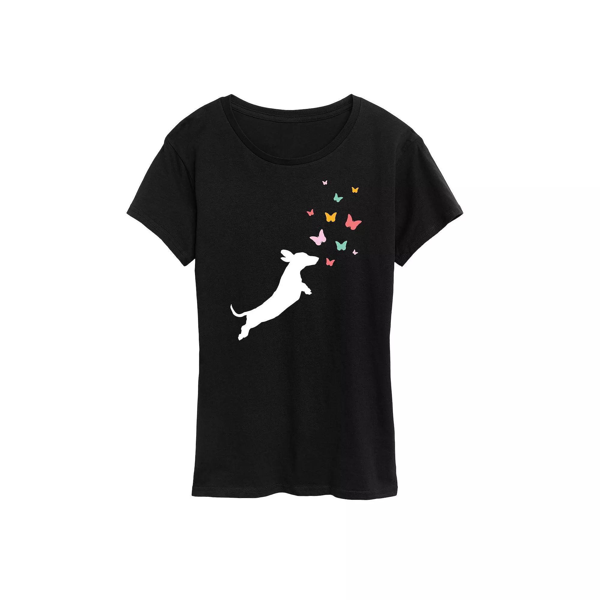 Women's Dachshund Chasing Butterflies Graphic Tee, Size: Small, Black Product Image
