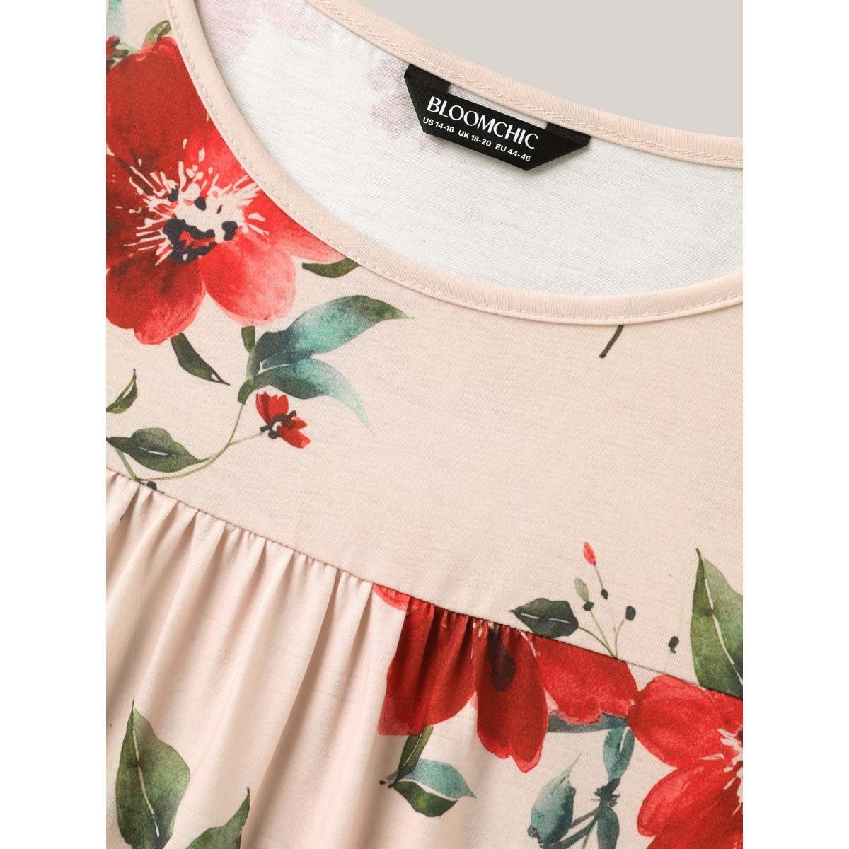Plus Size Dreamy Floral Print Flowy Pleated T-Shirt Multicolor Women Casual Gathered Natural Flowers Round Neck Everyday T-shirts BloomChic 12/L Product Image