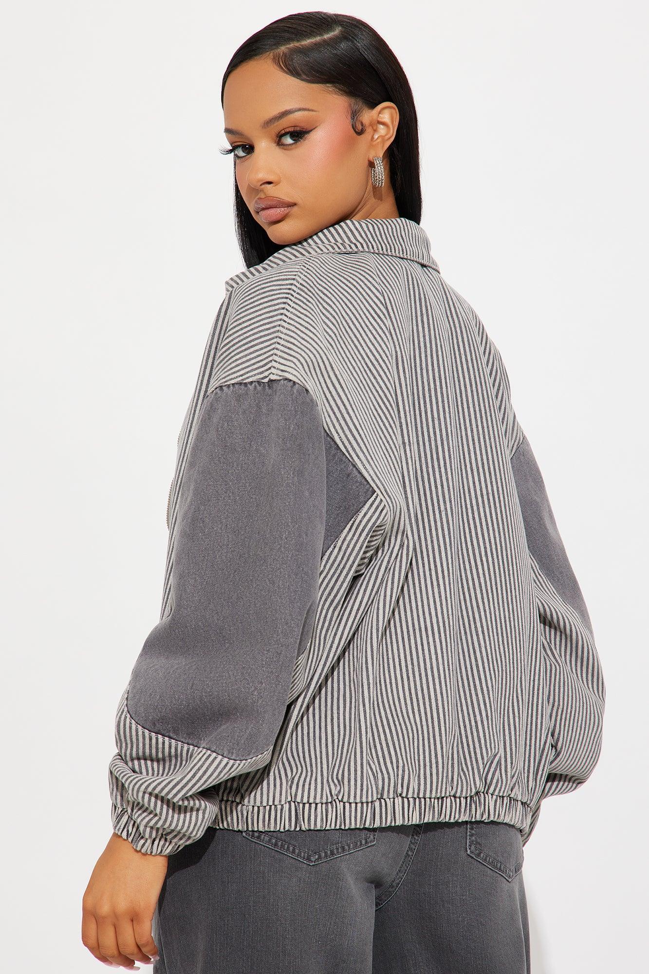 It's A Lifestyle Pinstripe Denim Bomber Jacket - Black/combo Product Image