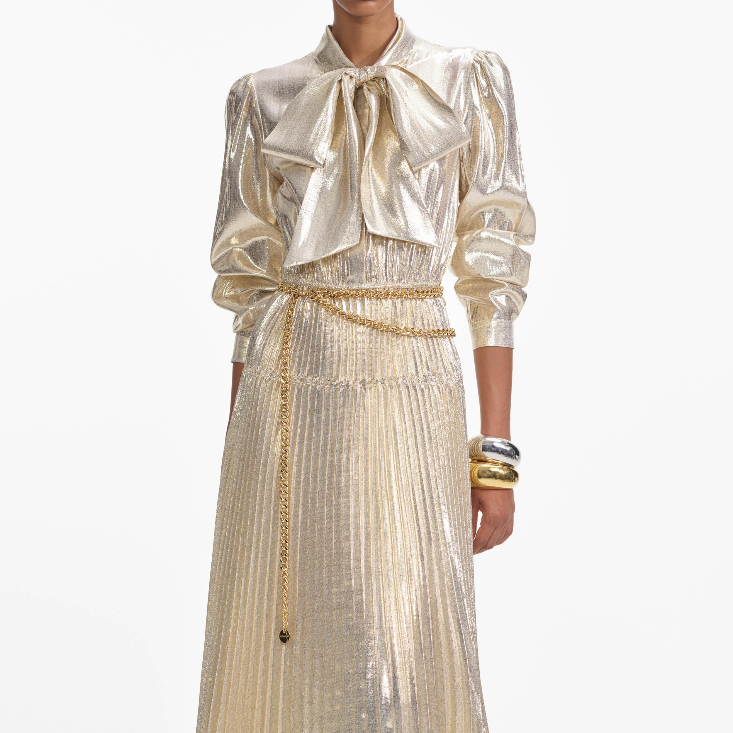 Gold Metallic Pussy Bow Maxi Dress Product Image