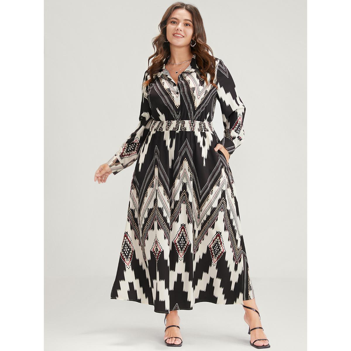 Plus Size Geometric Shirt Collar Pocket Button Up Shirred Dress Black Women Elegant Printed Shirt collar Long Sleeve Curvy Long Dress BloomChic 14-16/1X Product Image