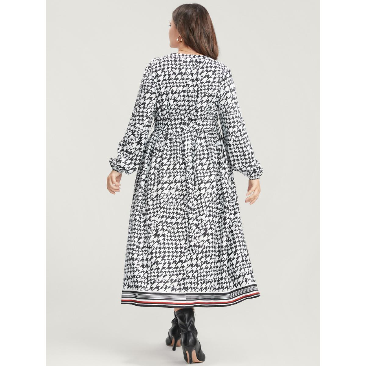 Plus Size Houndstooth Print Pocket Lantern Sleeve Belted Dress Black Women Elegant Pocket V-neck Long Sleeve Curvy Midi Dress BloomChic 30/6X Product Image