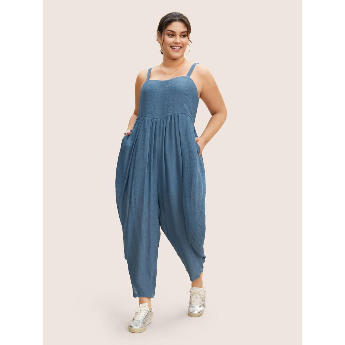 Plus Size Mediumblue Square Neck Plain Textured Cropped Jumpsuit Women Casual Sleeveless Square Neck Everyday Loose Jumpsuits BloomChic 28/5X Product Image
