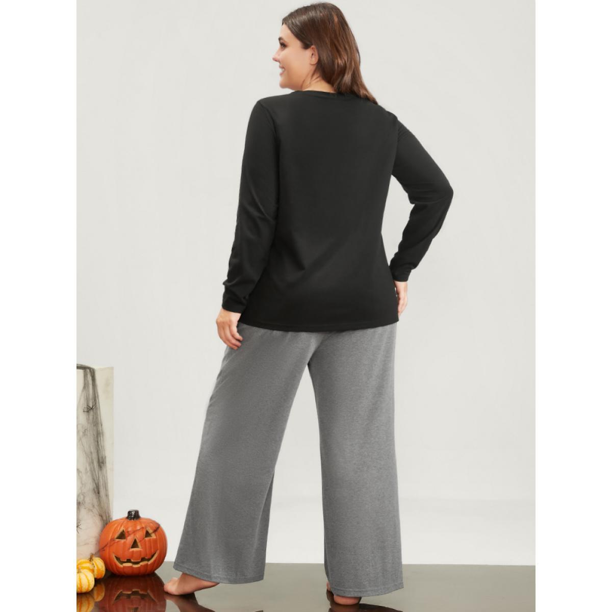 Plus Size Halloween Bat Print Round Neck Pajama Set Women Black Graphic-Halloween Printed Long Sleeve Round Neck Casual Loungewear Sets BloomChic 10/M Product Image