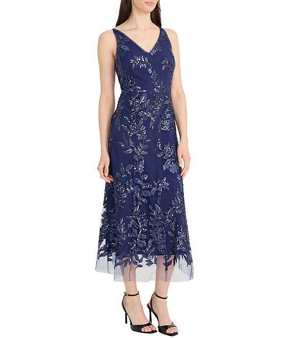 Maggy London Mesh Embroidered Floral Print V Neck Sleeveless Midi Dress Product Image