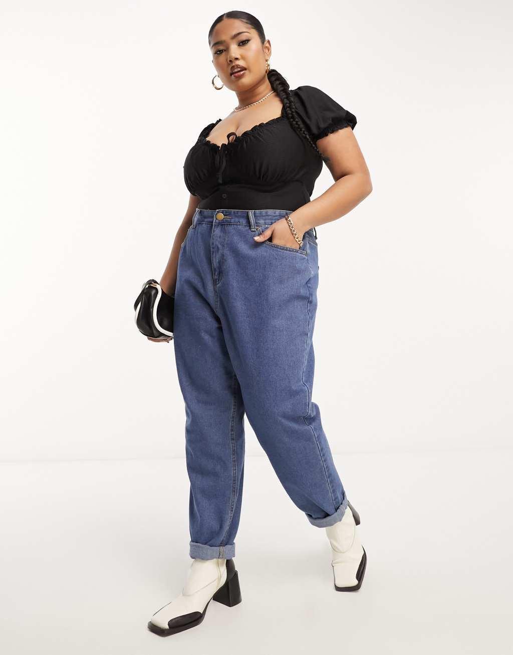 ASOS DESIGN Curve short sleeve milkmaid bodysuit in black Product Image