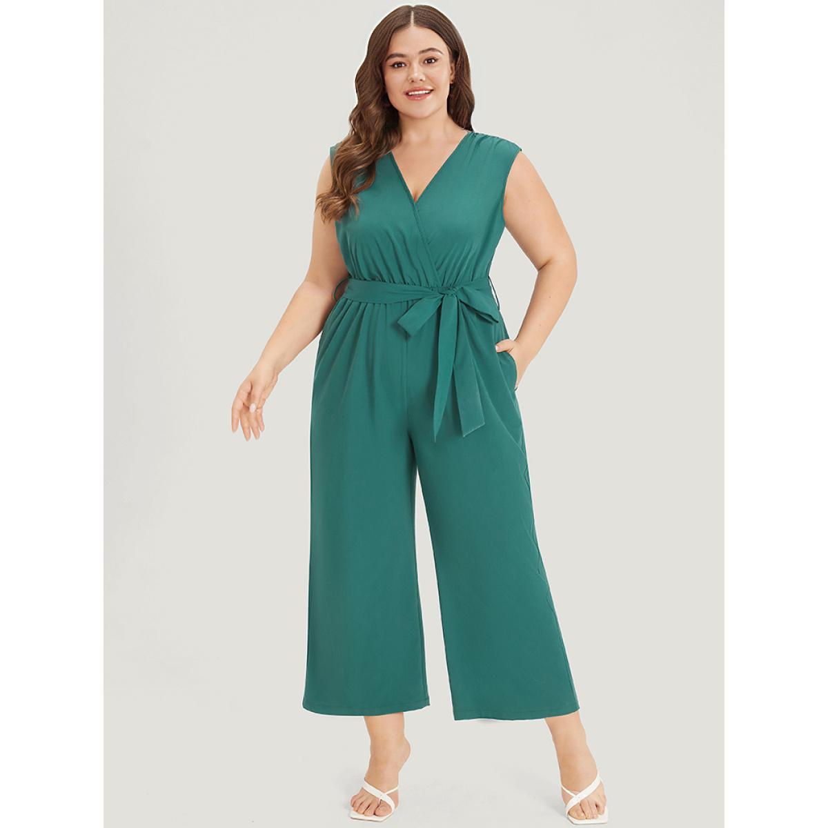 Plus Size Green Supersoft Essentials Plain Surplice Neck Belted Jumpsuit Women Elegant Sleeveless V-neck Dailywear Loose Jumpsuits BloomChic 18-20/2X Product Image