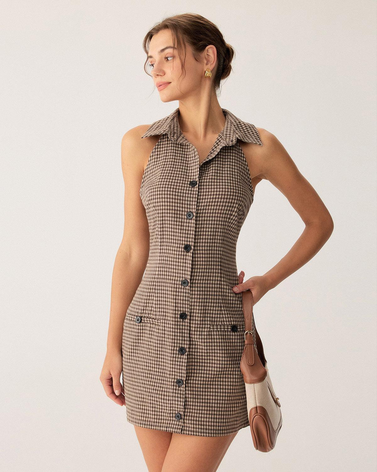 Brown Plaid Button Sleeveless Mini Dress Product Image