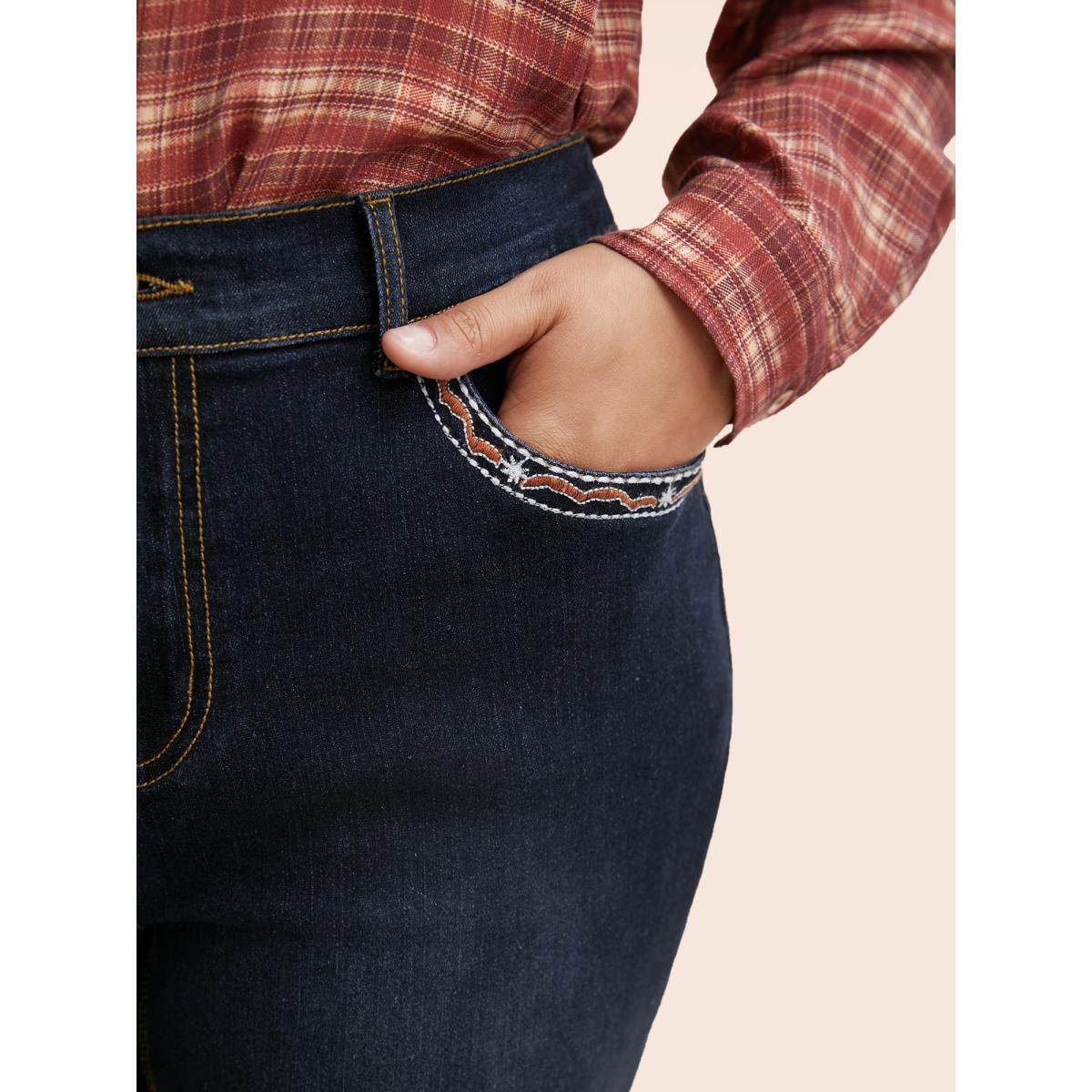 Plus Size Stretch Denim Front Embroided Pockets Flare Jeans Women Darkindigo Casual Embroidered Medium stretch Slanted pocket Jeans BloomChic 16/1X Product Image