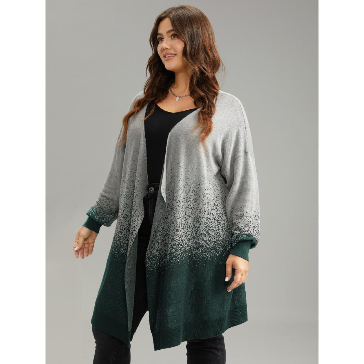 Plus Size Ombre Asymmetrical Open Front Cardigan DarkGreen Women Casual Loose Long Sleeve Everyday Cardigans BloomChic 14-16/1X Product Image