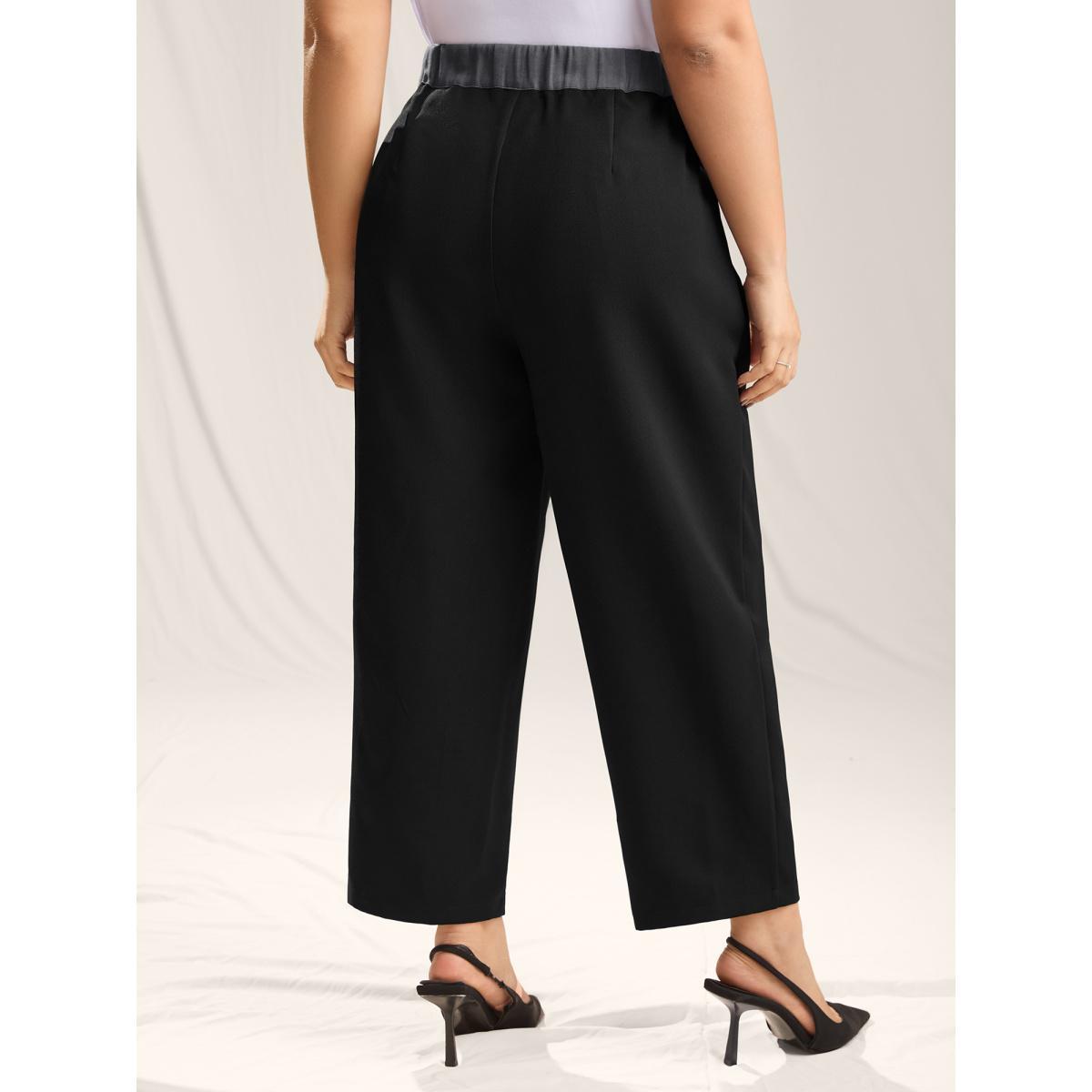 Plus Size Color Contrast Waistband Straight-Leg Pants Women Black Formal Straight Leg Mid Rise Party Pants BloomChic 14-16/1X Product Image