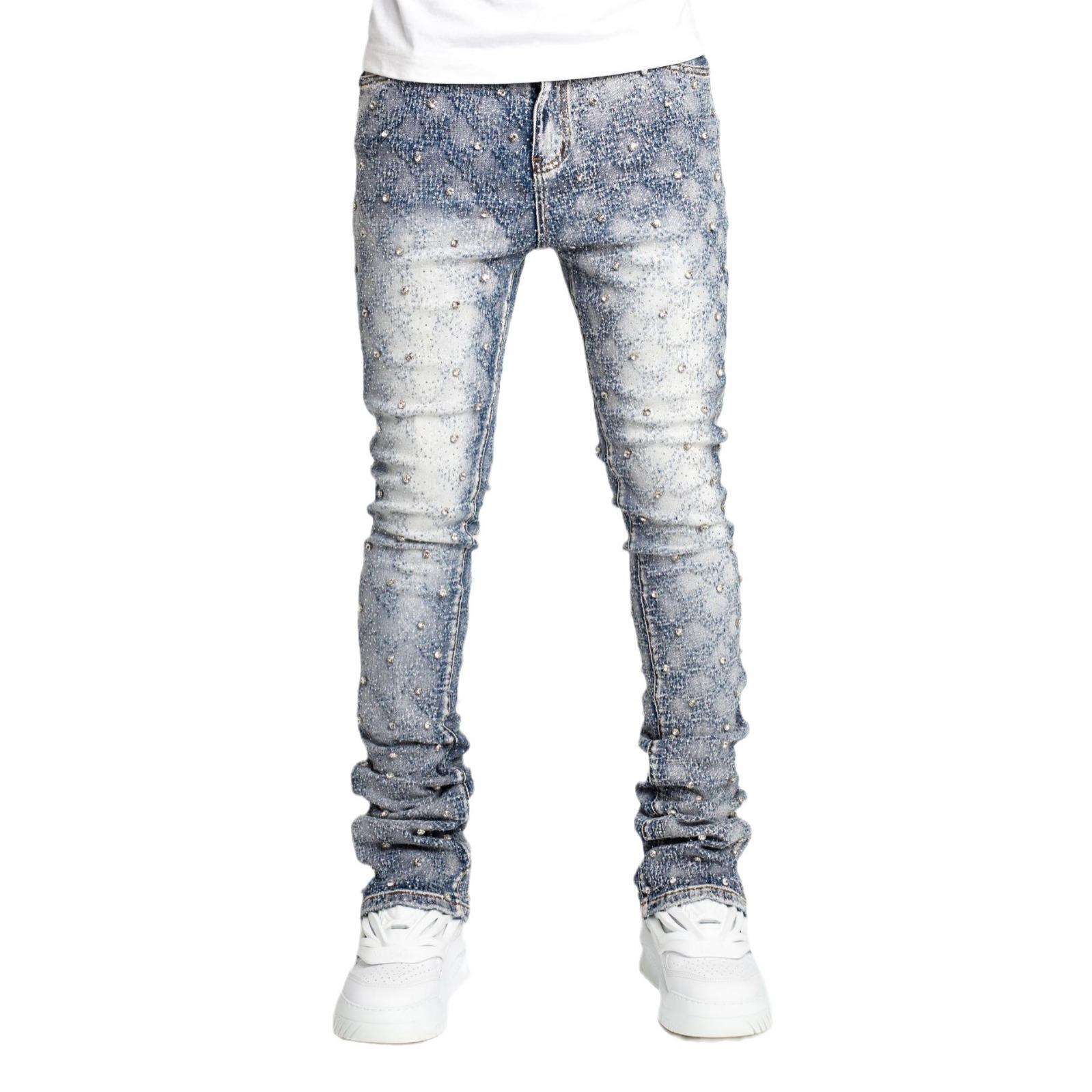 Hiphop Fashion Stretch Pearl Denim Layered Jeans Product Image