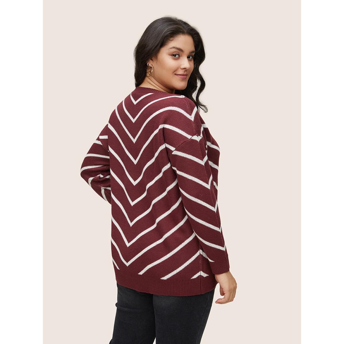 Plus Size Striped Drop Shoulder Loose Knit Pullover Burgundy Women Casual Loose Long Sleeve Round Neck Dailywear Pullovers BloomChic 18-20/2X Product Image