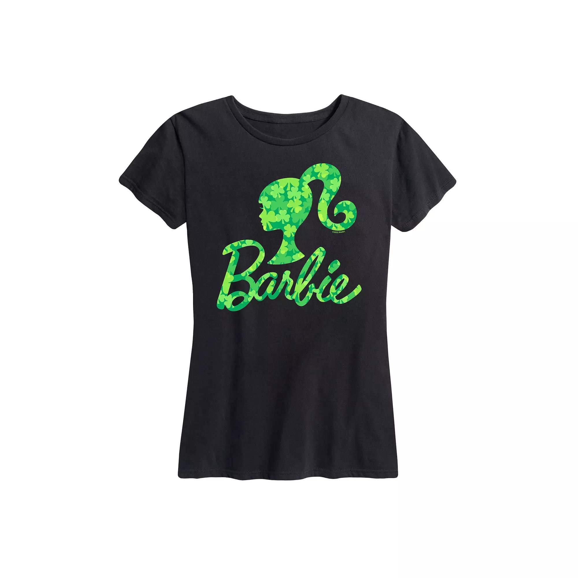 Womens Barbie Logo Shamrock Pattern Graphic Tee Grey Green Product Image