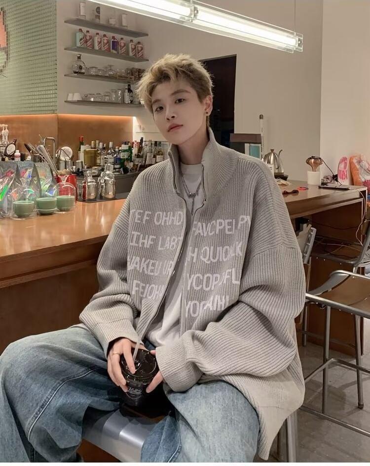 Stand Collar Drop Shoulder Lettering Zip Oversized Cardigan Product Image