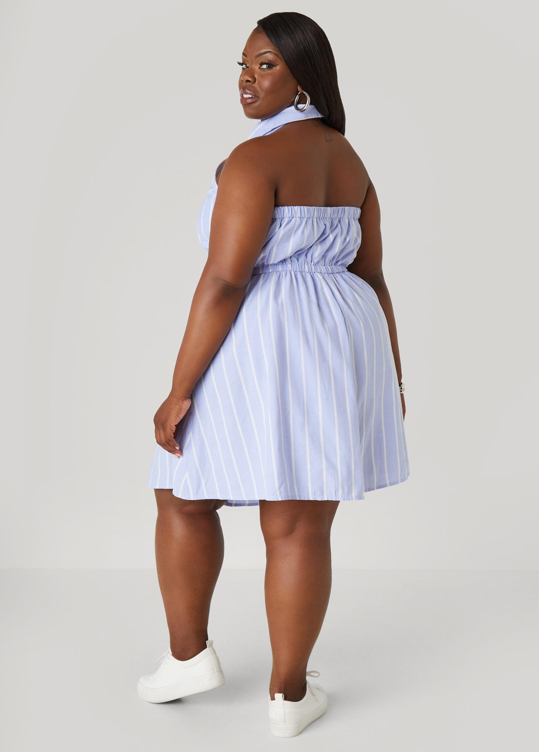 Striped Oxford Halter Dress Product Image