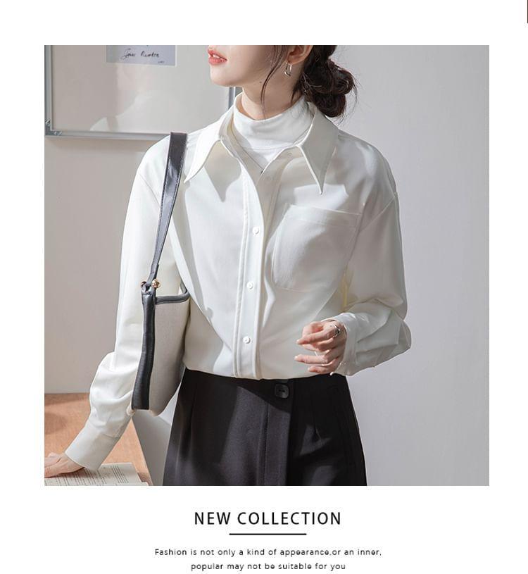 Long Sleeve Lapel Collar Plain Button Shirt Product Image